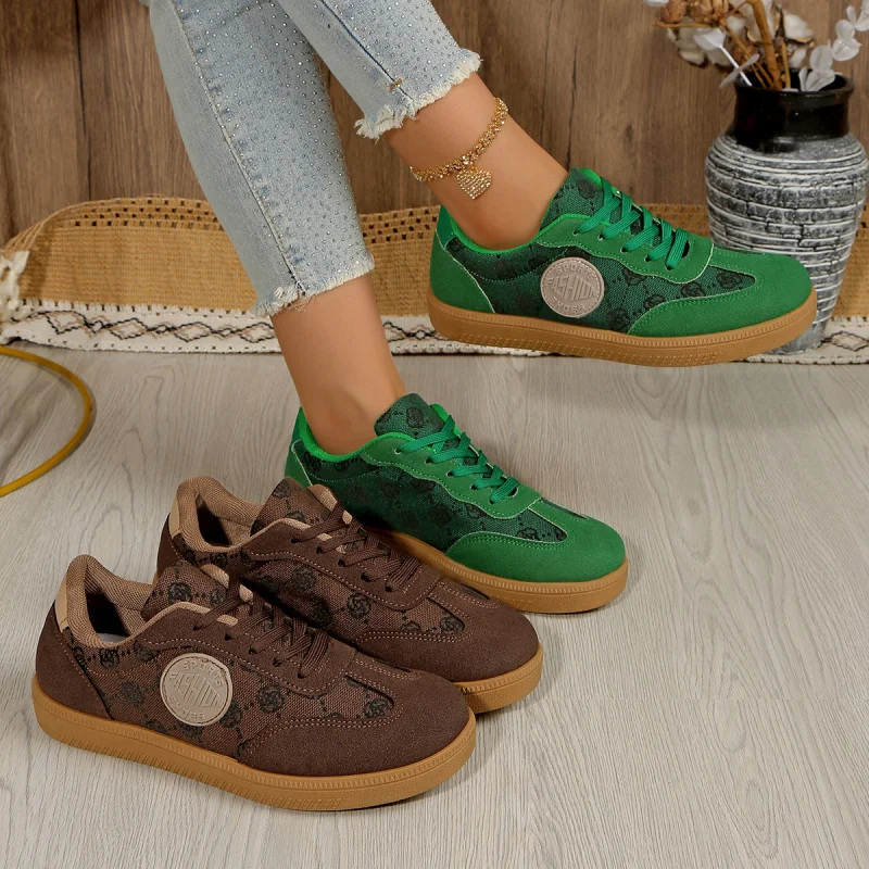 

European and American Style Large Size Round-Toe Sneakers for Women Casual Flat Soft Sole Color-Block Lightweight Single Shoes