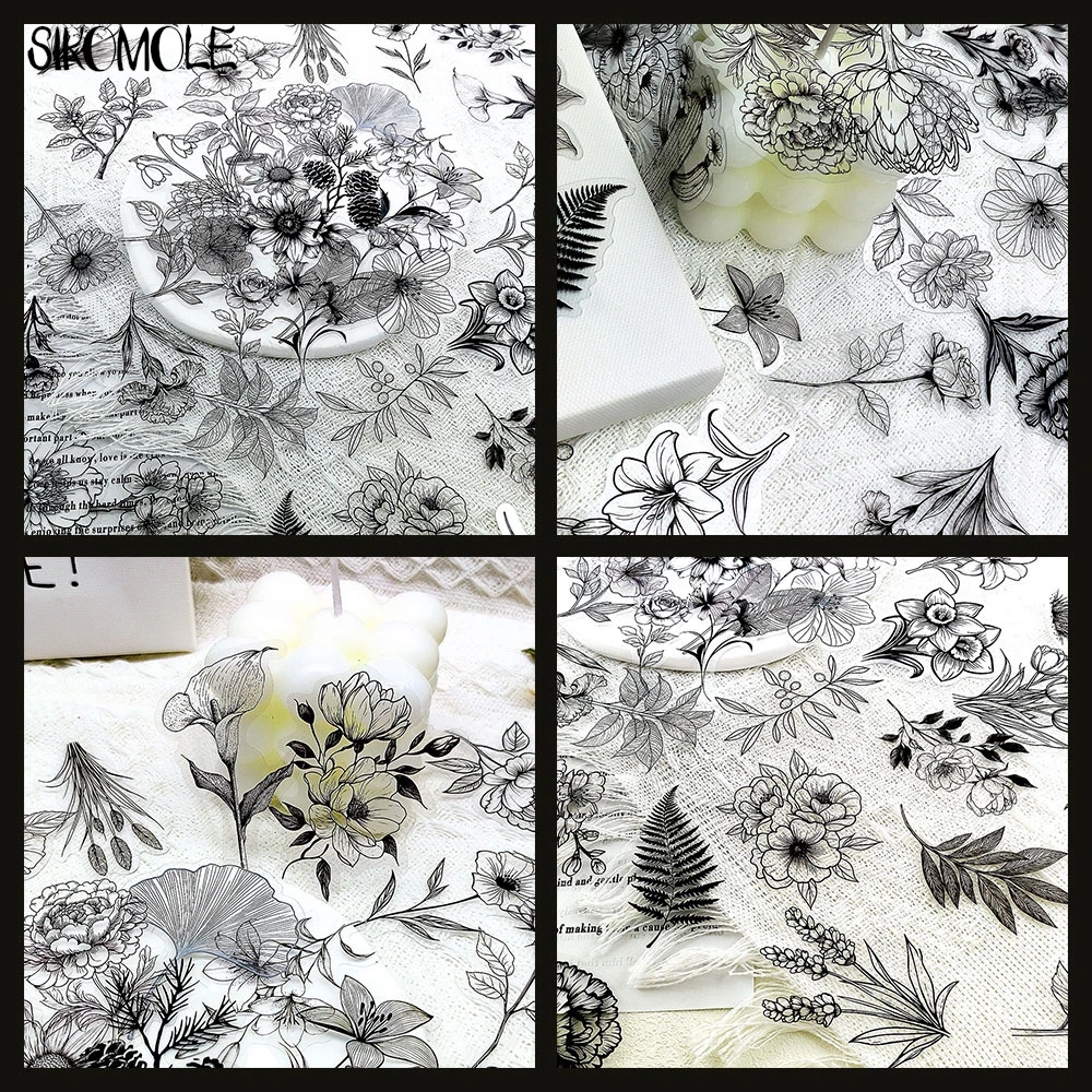 50PCS สีดําและสีขาวพืชโปร่งใสหมึกดอกไม้ Graffiti หนังสือสติกเกอร์ INS DIY ไดอารี่ตกแต่งบัญชีสเก็ตบอร์ดสติกเกอร์