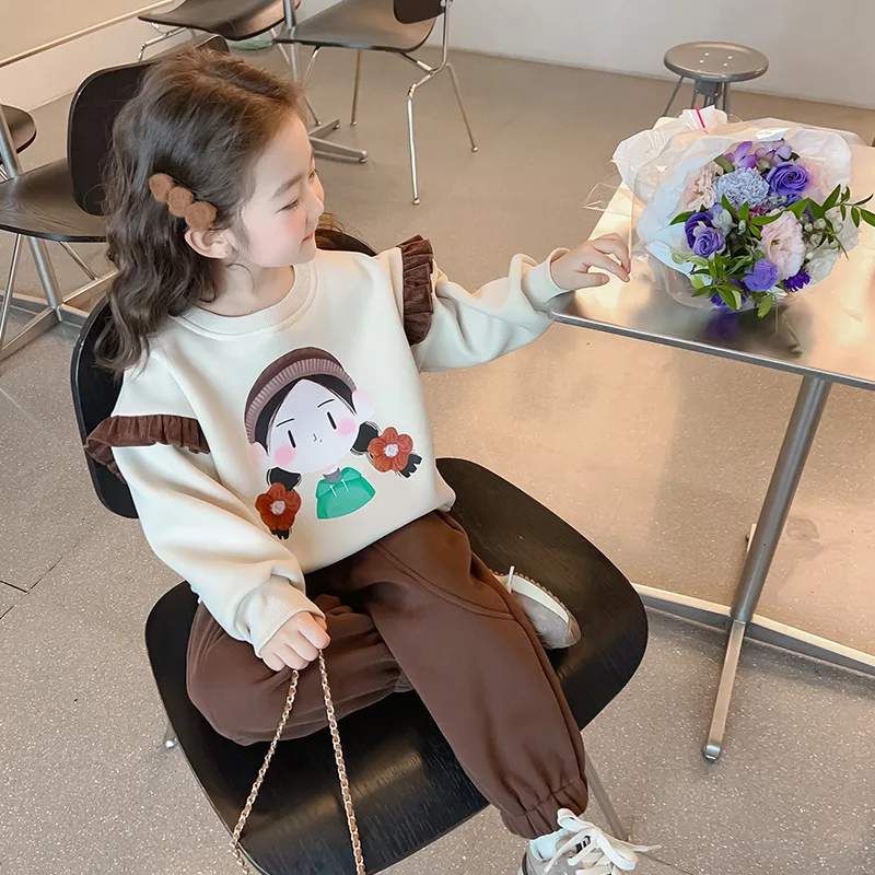 

New Fleece-lined Children's Sport Suit For Girls Stylish Casual Autumn/winter Children's Clothing For Kids Fashion 2-piece Set