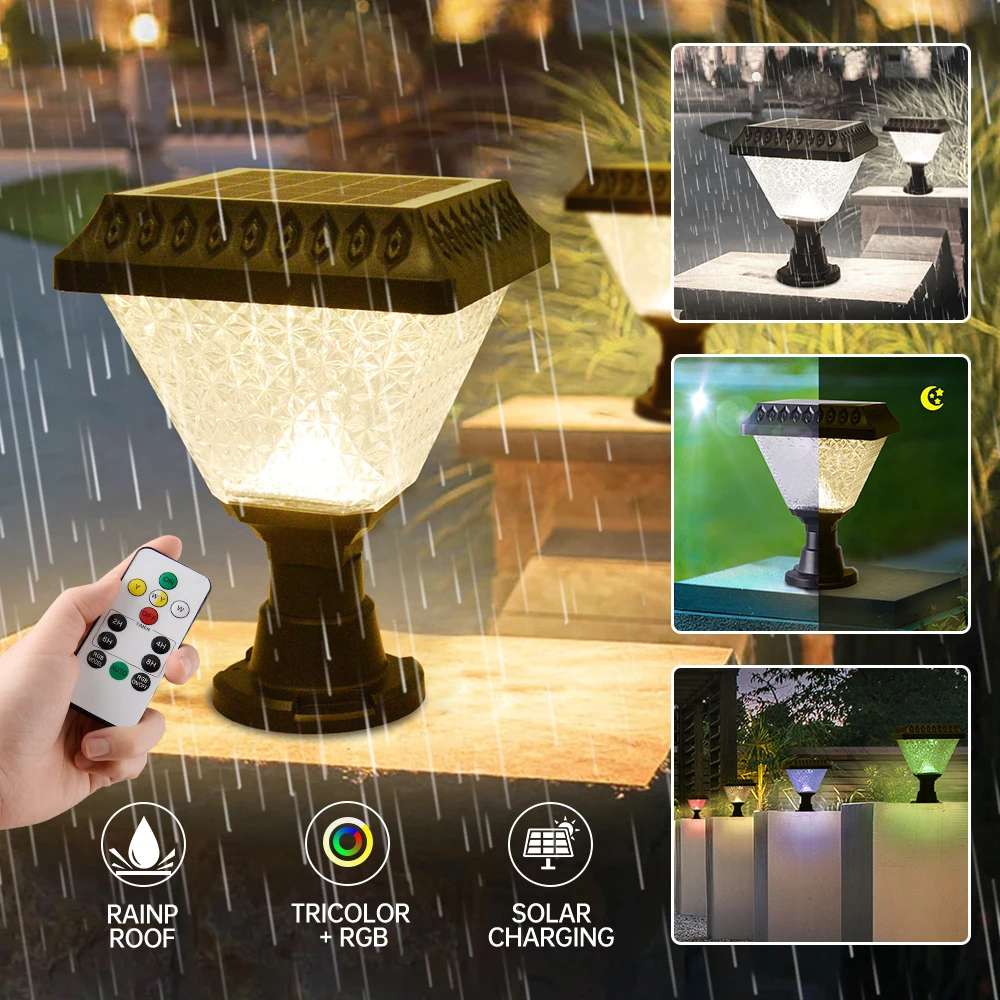 Modern Solar LED Garden Lamp Outdoor Lighting Waterproof Courtyard Square Column Pillar Lamp ABS 10W 3 Colors RGB Changeable