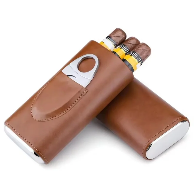 

New Cigar Tube 3 Slots Cigar Case /Box with Cigar Cutter portable Travel Accessories Leather Humidor