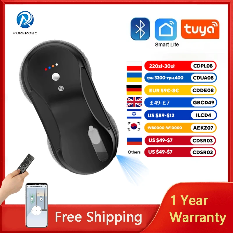 

Purerobo W-R3S Window Cleaning Robot APP Smart Control Automatic Water Spray Glass Clean High Suction Power Window Cleaner Robot