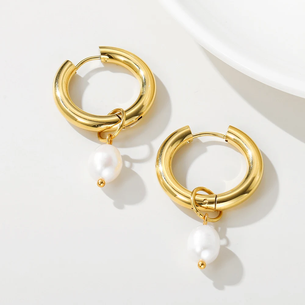 YACHAN Fashion Pearl Pendant Drop Earrings for Women Stainless Steel Hoop High Quality Waterproof Jewelry