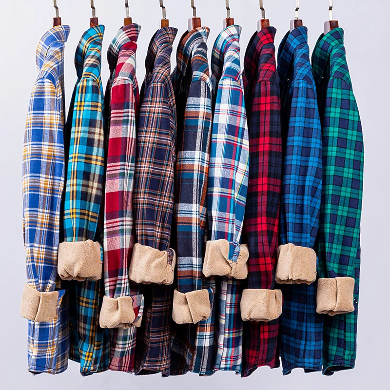 New cotton plaid warm shirt long sleeve mens shirts Extra large size men\'s fleece thickened korea style streetwear men clothing