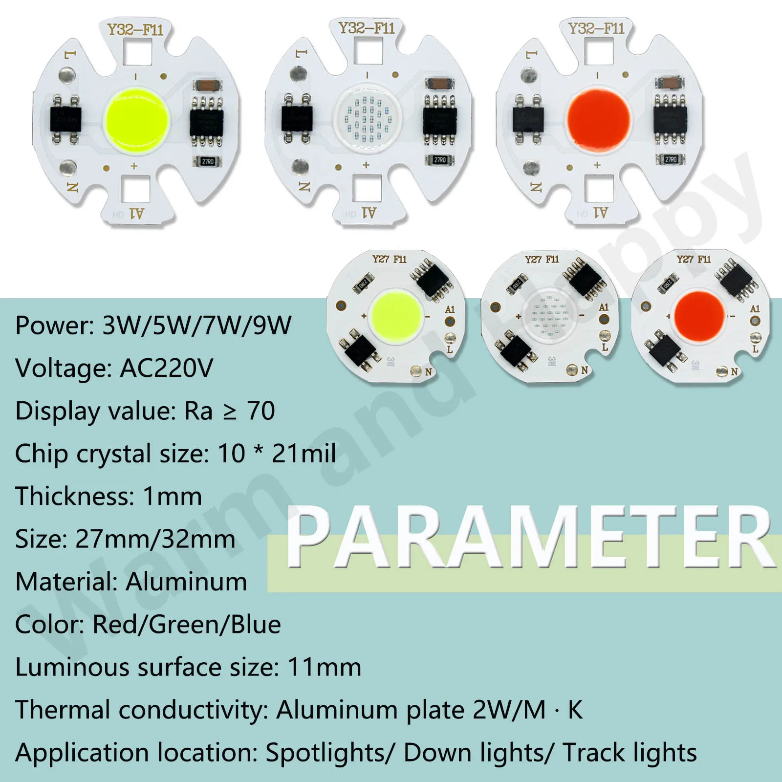 Chip LED COB 3W 5W 7W 9W 27MM 32MM Rosso Verde Blu AC220V Senza driver Adatto per faretti e sorgenti luminose da incasso