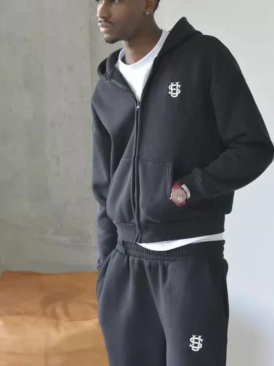 

American Hip Hop Sle Hooded Zipper Sweatirt Set Men's Loose Street Faion Sportswear Autumn Long Sve Long Pants