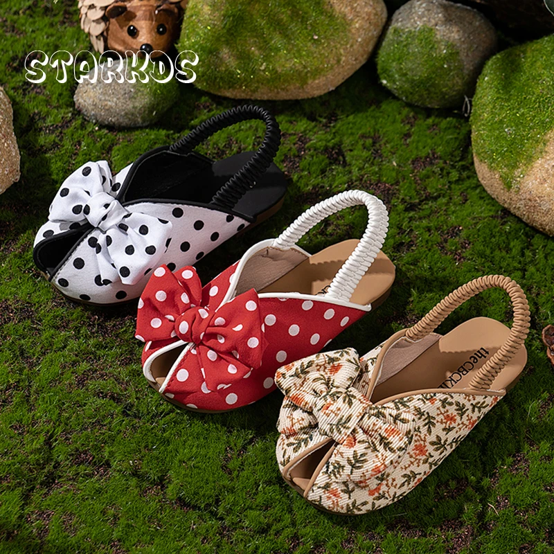 

Polk Dot Mule Slippers Kids Girls Strawberry Bowknot Slide Sandals Baby Child Floral Print Slip-on Flat Shoes With Elastic Band