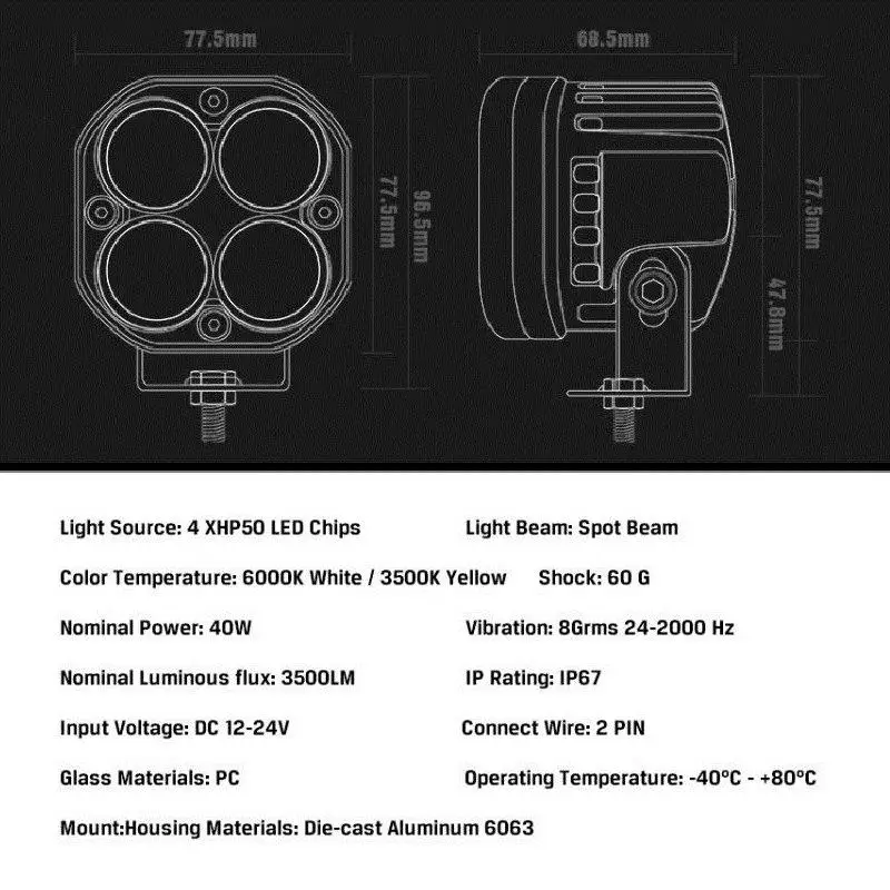 3 Inch 40W LED 4x4 Work Light 6000K White Yellow Spot Beam Lightings Waterproof Working Lamp For Car Motocycle Truck Universal