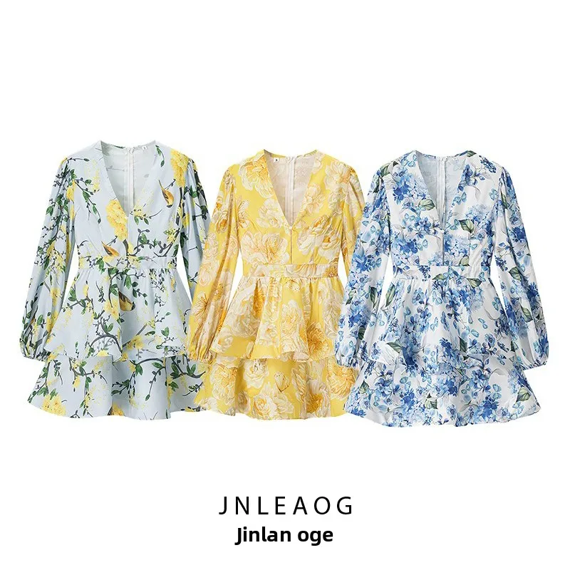 Vestido E de Manga Bufante em Linho com Estampa e Decote em V para Mulheres, Novo para o Outono