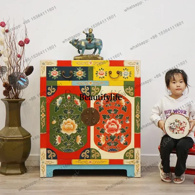 J132 New Chinese antique shoe cabinet solid wood painted Ming and Qing classical storage retro hand-painted side cabinet