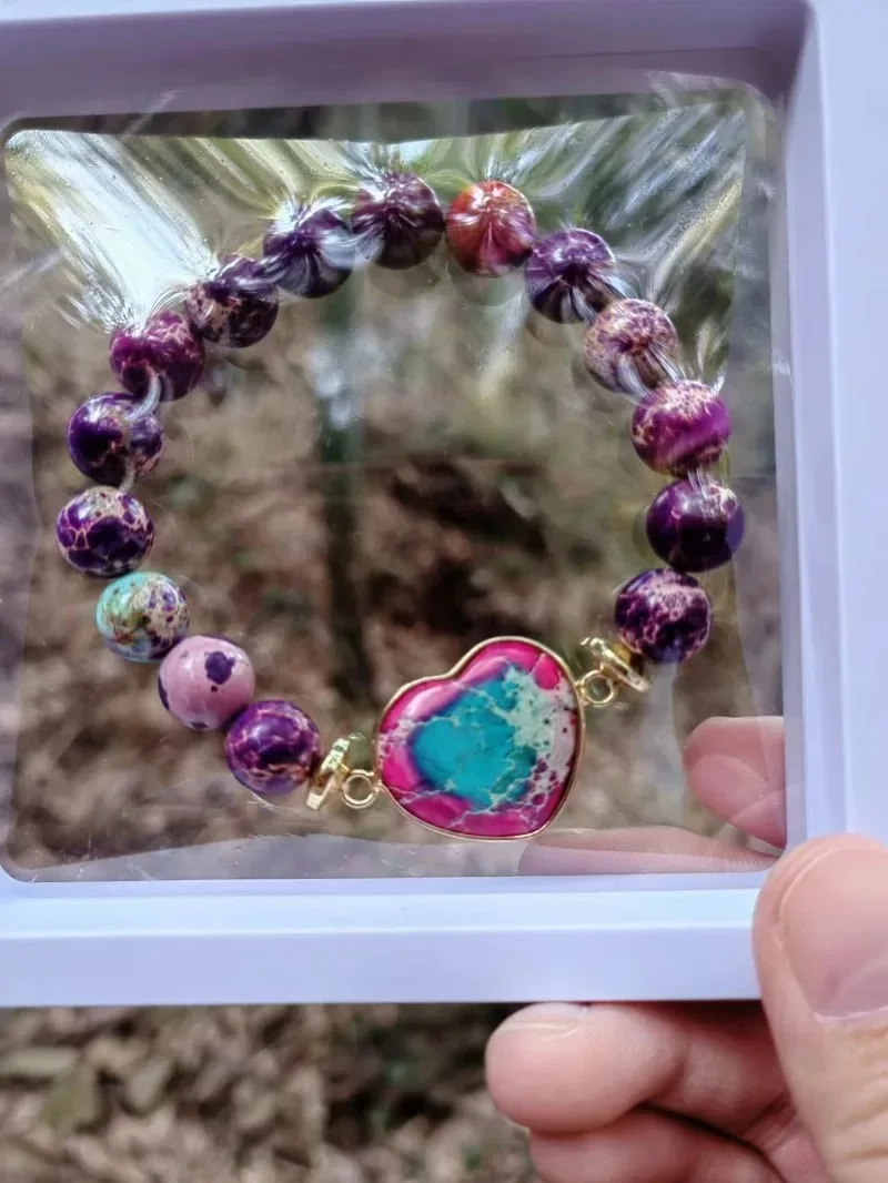 Fashion Vintage Ethnic Nature Imperial Stone Heart Violet Hand String Beads Bracelet for Women Elasticity Meditation Party Gift