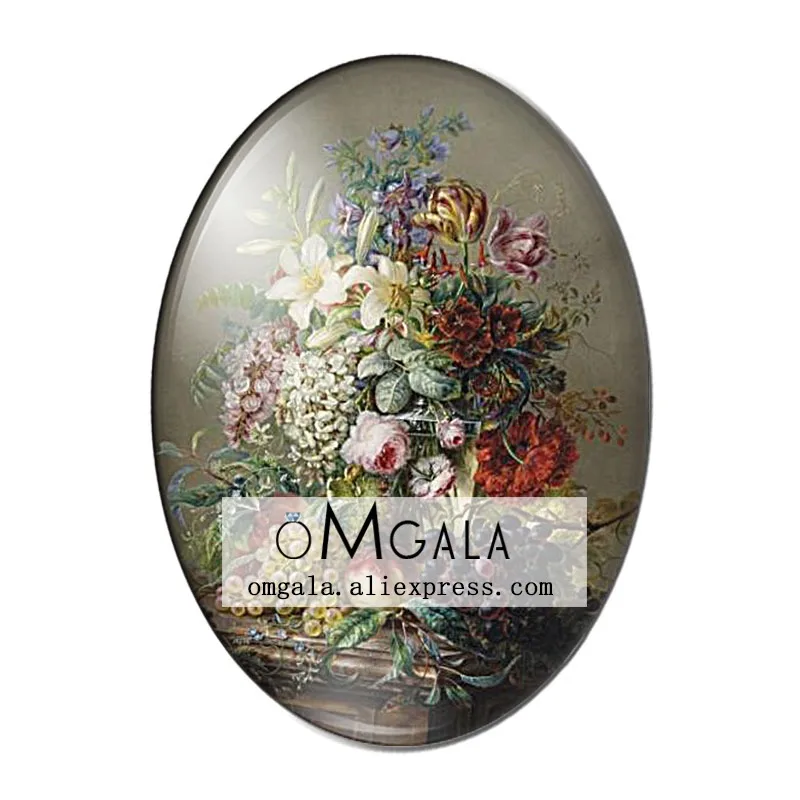 Vintage Oil Painting Rose Flowers 10pcs 13x18mm/18x25mm/30x40mm Oval photo glass cabochon demo flat back Making findings
