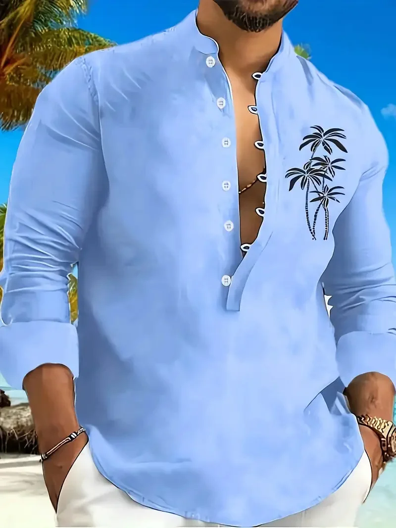 New Men's Casual Long Sleeve Henry Collar Linen Shirt Ethnic Print Men's Shirt High Quality Top Fits Everyday