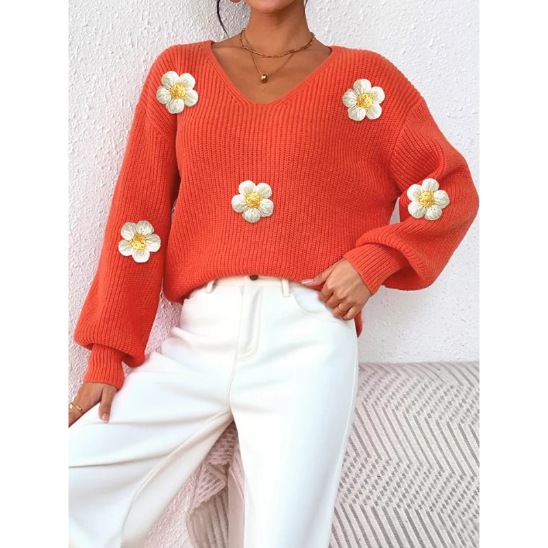 

Осенне-зимний женский пуловер, топ, вязаный вручную, трехмерная строчка, персонализированный пуловер с глубоким V-образным вырезом, свитер