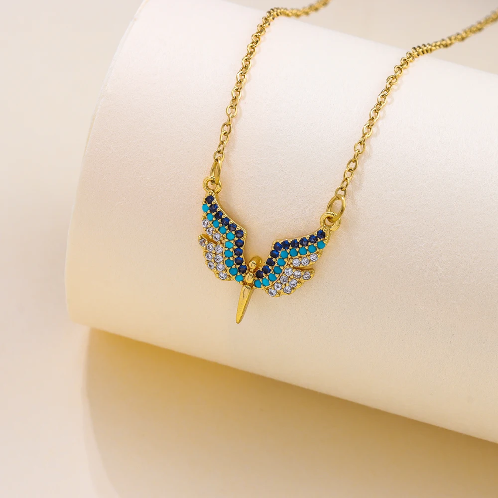 Punk Stil Bunte Zirkon Kristall Engel Flügel Halsketten Für Frauen Mode-Trend Weibliche Edelstahl Schlüsselbein Kette Schmuck