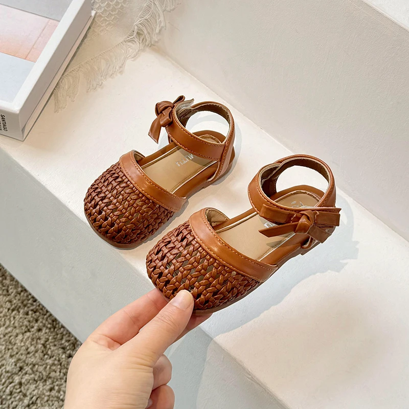 2024 Summer Baby Girls Woven Sandals Children Bow Princess Shoes Kids Barefoot Beach Shoes Soft Sole Anti Slip Infant Sandals