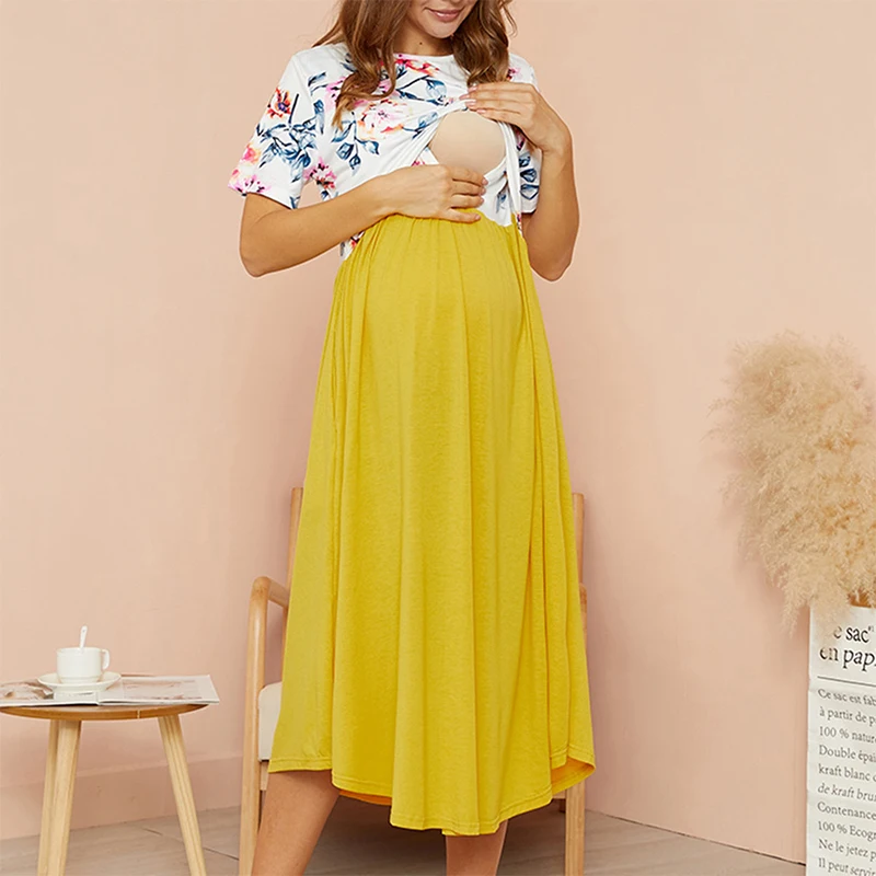 

Summer Maternity Dress Maternity Round Collar Short-sleeve Nursing Dress Pregnant Maternity Nursing Breastfeeding Clothes 2021