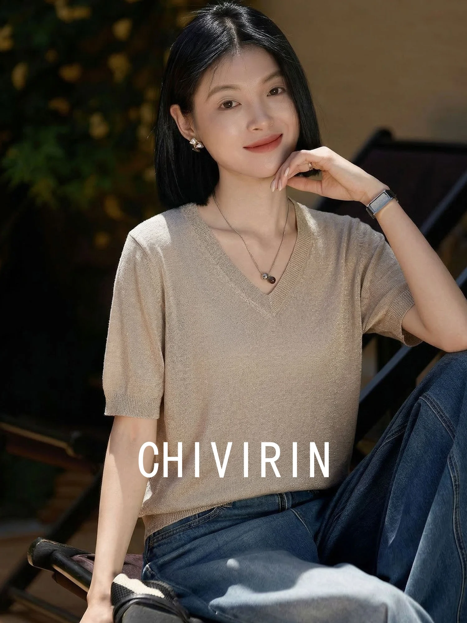 

Кашемировый свитер Chivirin с V-образным вырезом и коротким рукавом, женский, модный, свободный, летний, новый стиль, для повседневной носки