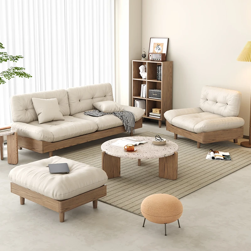

Nordic small apartment solid wood removable and washable fabric sofa combination Japanese simple cream wind cat