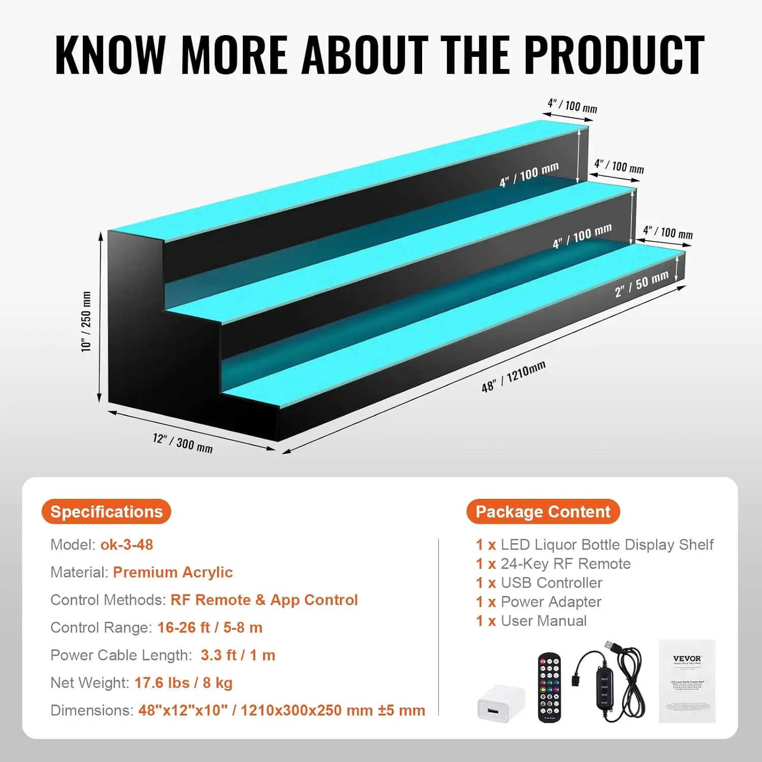 Vevor Led Verlichte Drankfles Display, 3 Niveaus 48 Inch Commercieel Verlicht Thuisbar Plank, 3 Stappen Whiskyrek Stand