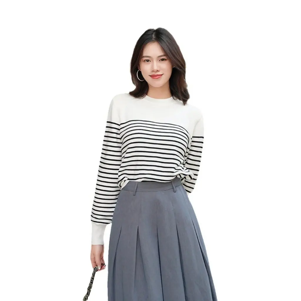Xiaohe Pullover a maniche lunghe da donna Maglieria girocollo Top con fondo a righe Elegante look snellente Moda autunno inverno