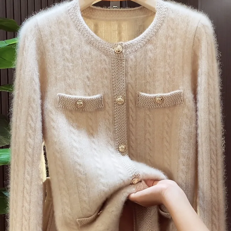 

Women's Wool Cardigan with Pockets Round Neck Ribbed Knit Sweater Elegant Tweed Style Open Front Coat