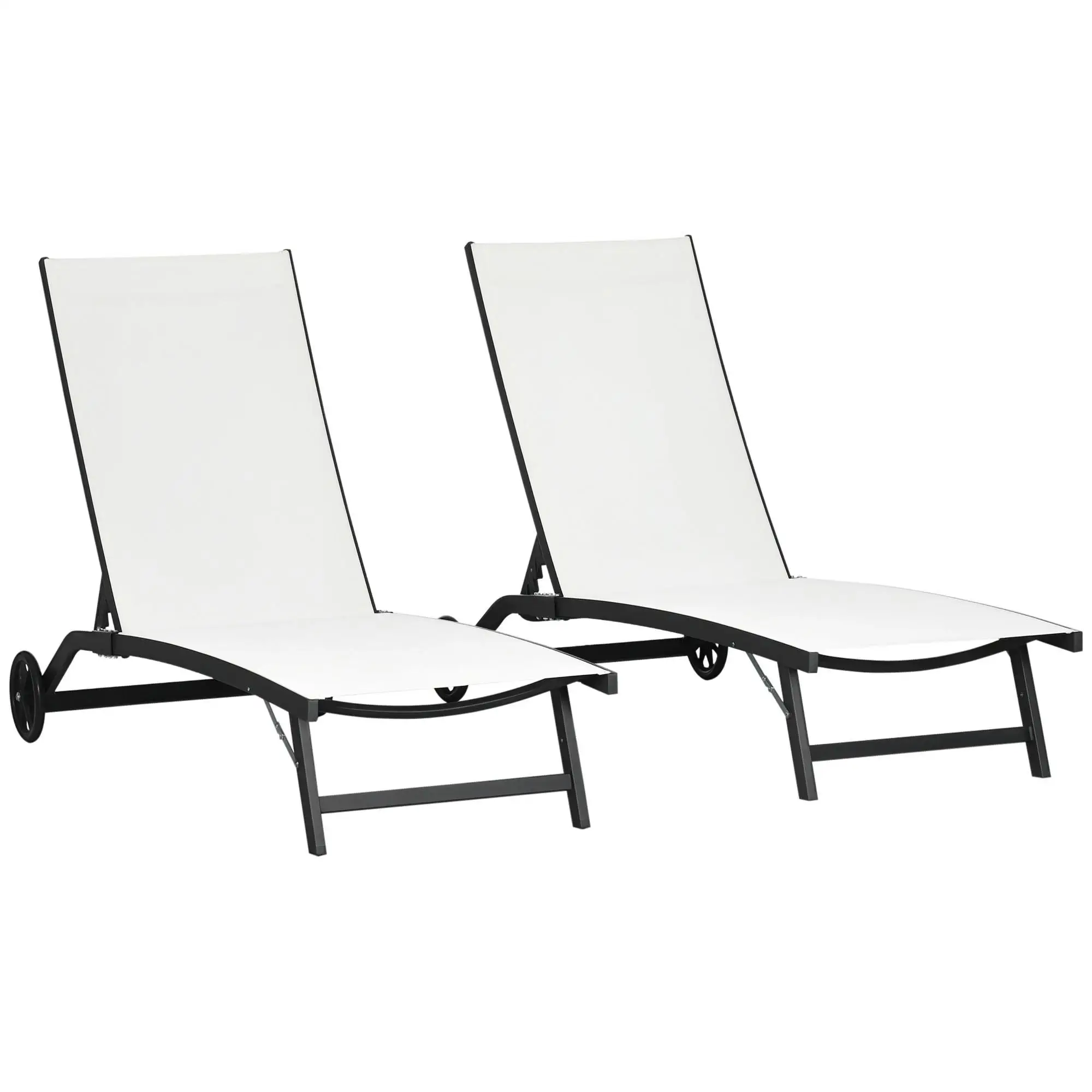 2 sets de transats solaires pour jardin/terrasse en aluminium et textile, 5 positions réglables, roulettes, 150kg, 165x66x102 cm, crème