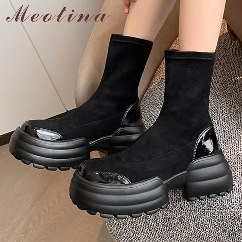

Meotina Women Ankle Stretch Boots Round Toe Platform Block High Heels Short Boot Ladies Fashion Casual Shoes Autumn Winter Black