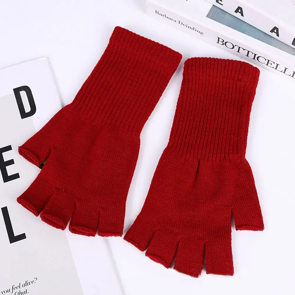 แฟชั่นหนาถักถุงมือเปิดนิ้วยืดหยุ่นยาวนวมอบอุ่นถุงมือครึ่งนิ้วคู่