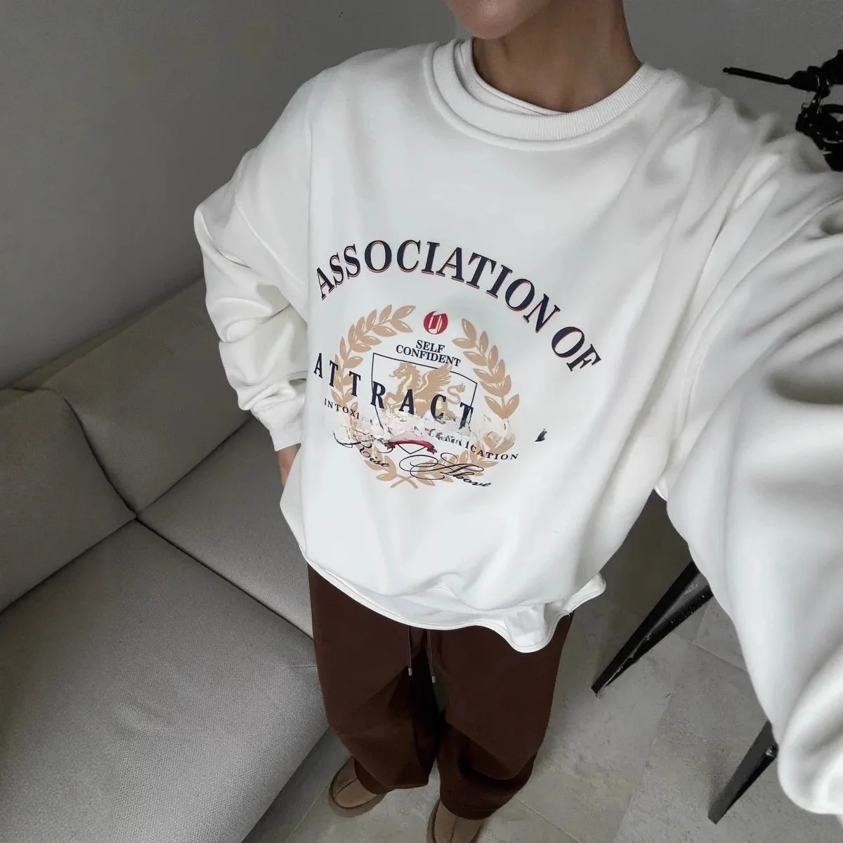 Bedrukt Veelzijdig Vlees Verhullend Straattrend voor Dames Chique Verdikt Sweatshirt met Ronde Hals Retro Amerikaanse Stijl