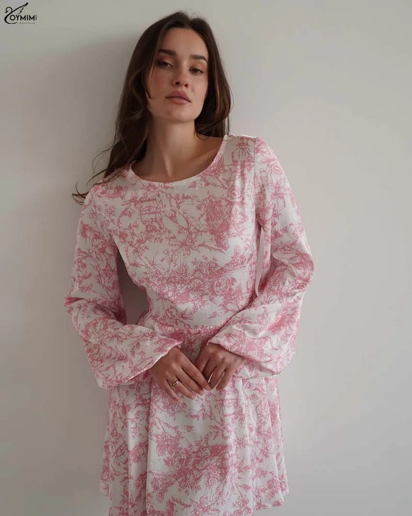 Sukienki damskie Oymimi Casual z różowym nadrukiem, modne sukienki z dekoltem typu O, długim rękawem, sznurowane, eleganckie sukienki mini z odkrytymi plecami, luźne, streetwear