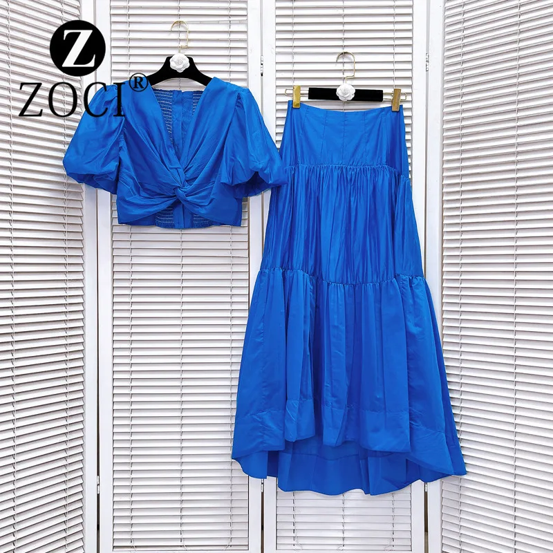 [ZOCI] Goods Beach Vacation Style V-neck Twisted Bubble Sleeve Short Top High Waist Half Skirt Set Women