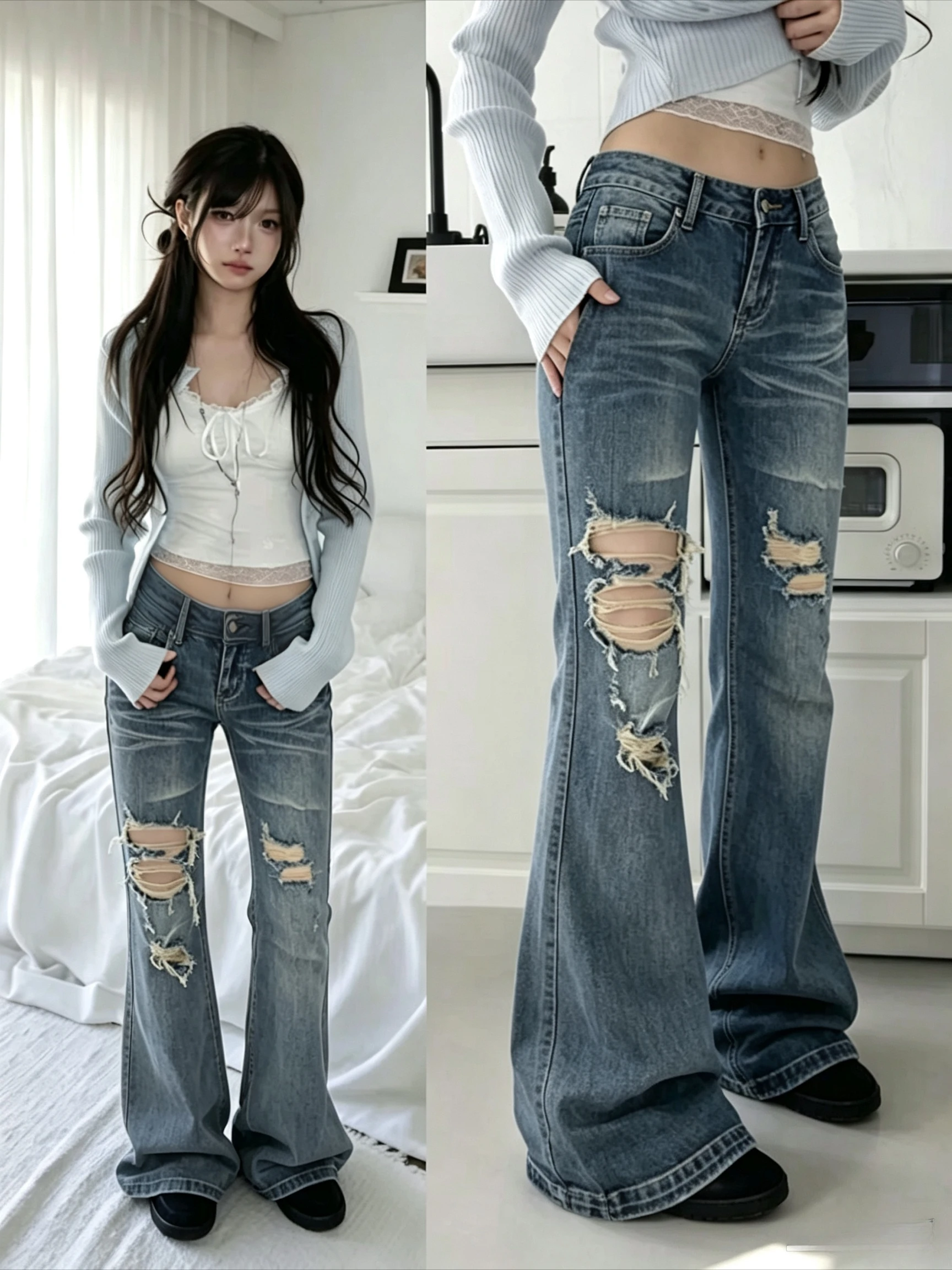 American Style Vintage High Street Washed Jeans Women Y2K Retro Grunge Straight Denim Trousers Spicy Girl Fashion Long Pants