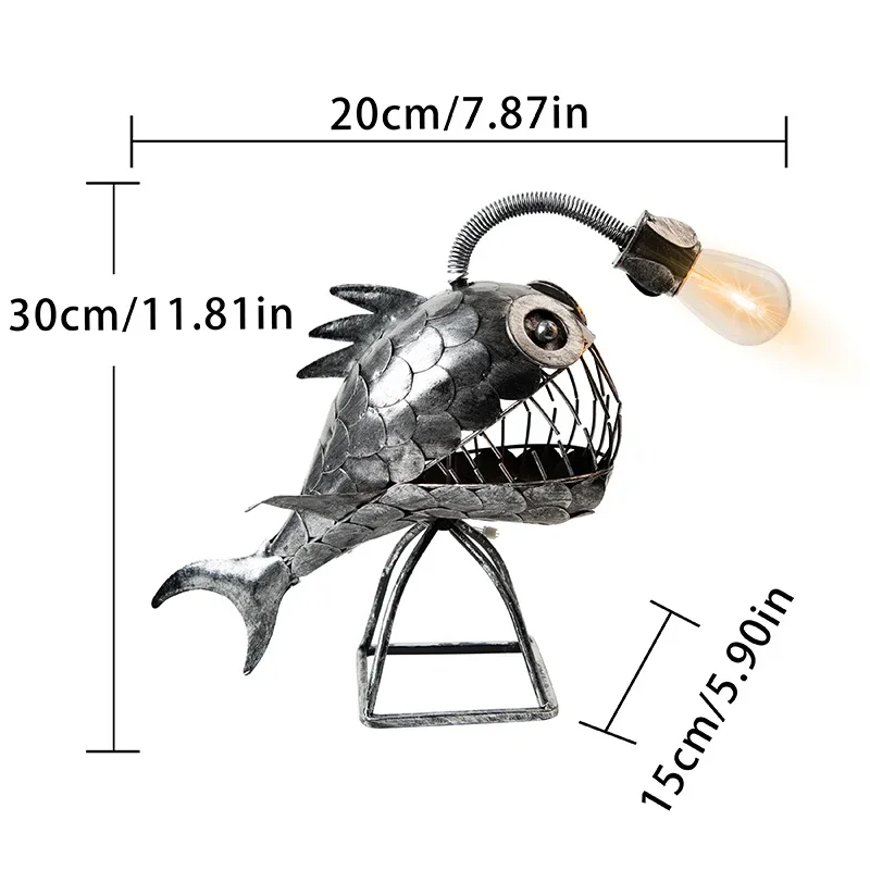Vintage Angler Fish Desk Lamp Shark Shape Night Light USB Metal Art Lantern Ornament Bedroom Home Table Decoration for Gift