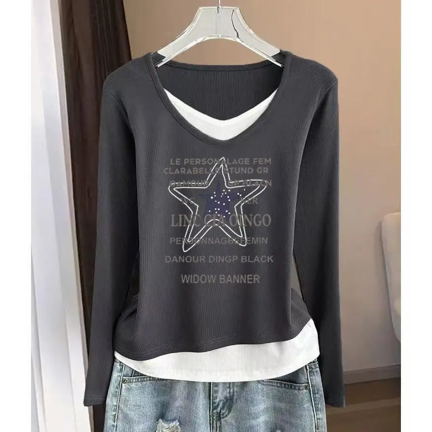 

Women's Clothing Fleece Thickened Letter Printed Fake Two-piece T-shirt for Women Spring Autumn Casual Commuting Temperament Top