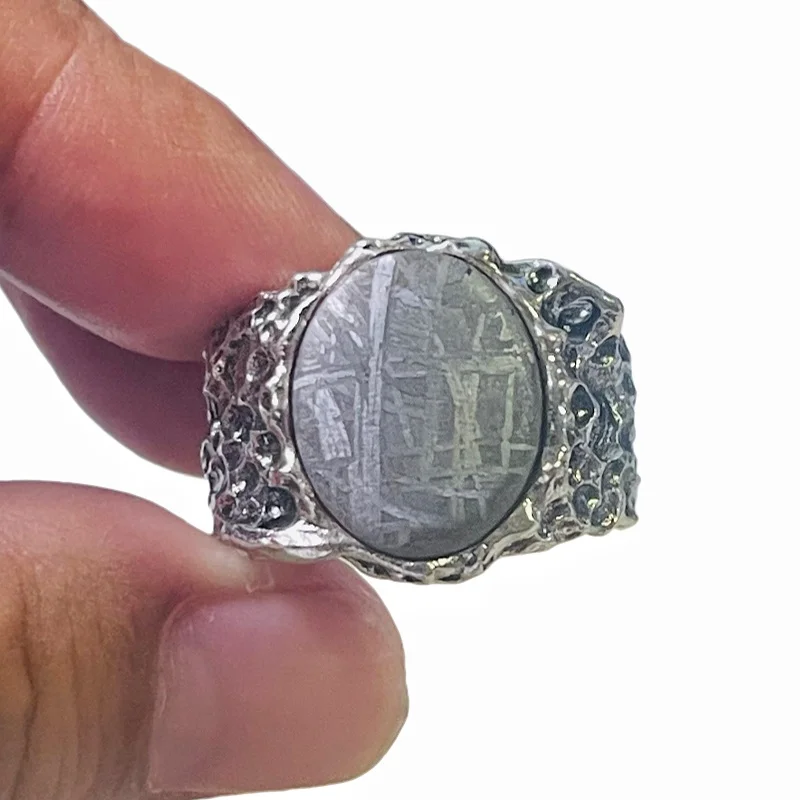 Gibeon Meteorite Ring Adjustable Band Genuine Etched Meteorite Slice Inlaid Metal Ring Cosmic Stone Collectible Jewellery K65
