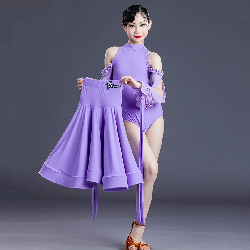 Body de danse moderne pour enfants filles, manches flottantes, épaules découpées, fendue, Standard National, grande jupe pivotante, vêtements de danse professionnels