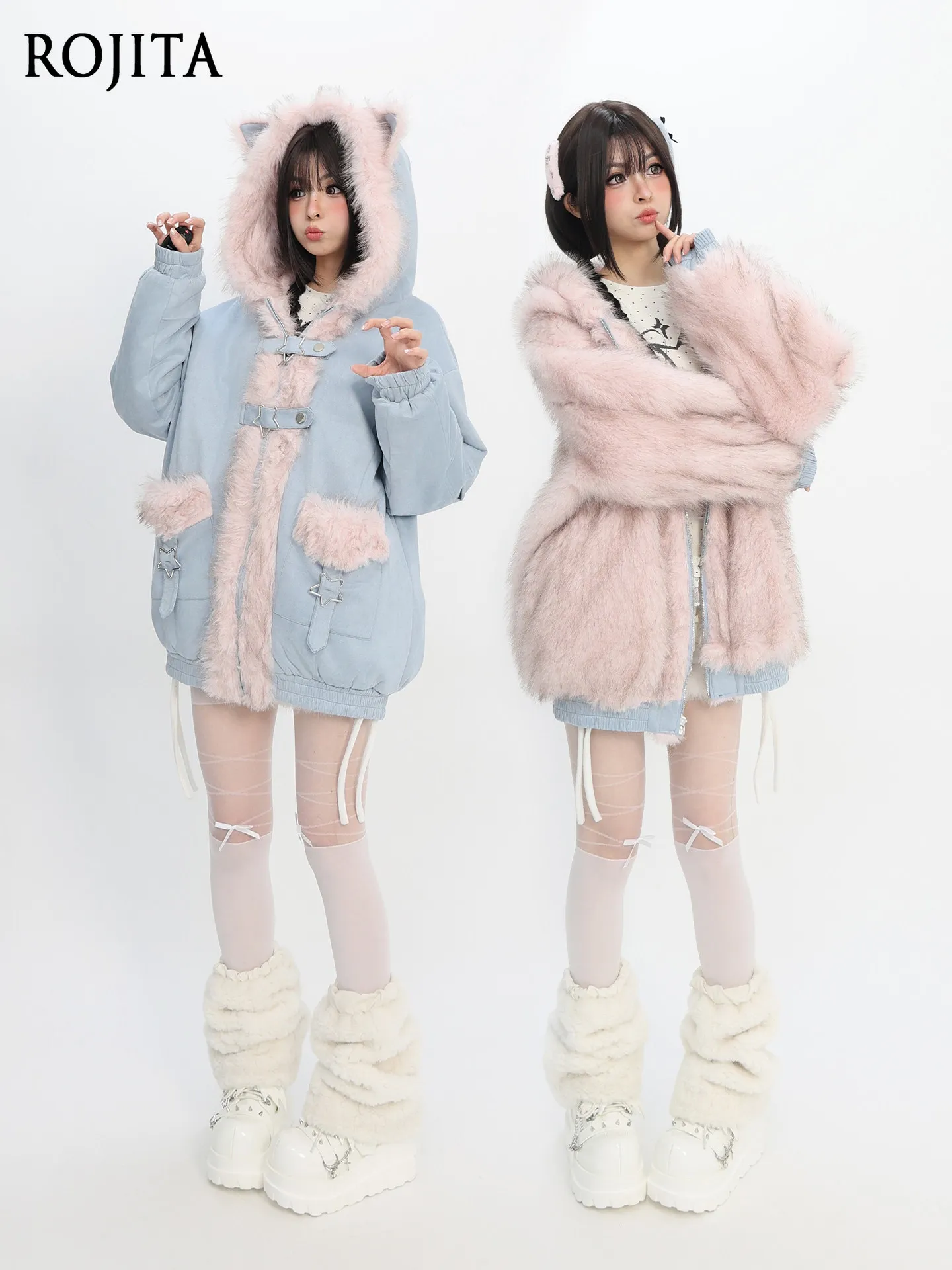 Women Reversible Cat Ears Hooded Faux Fur Jacket Sweet Warm Thick Winter Coat Yozed Loose Fluffy Outerwear for Girls