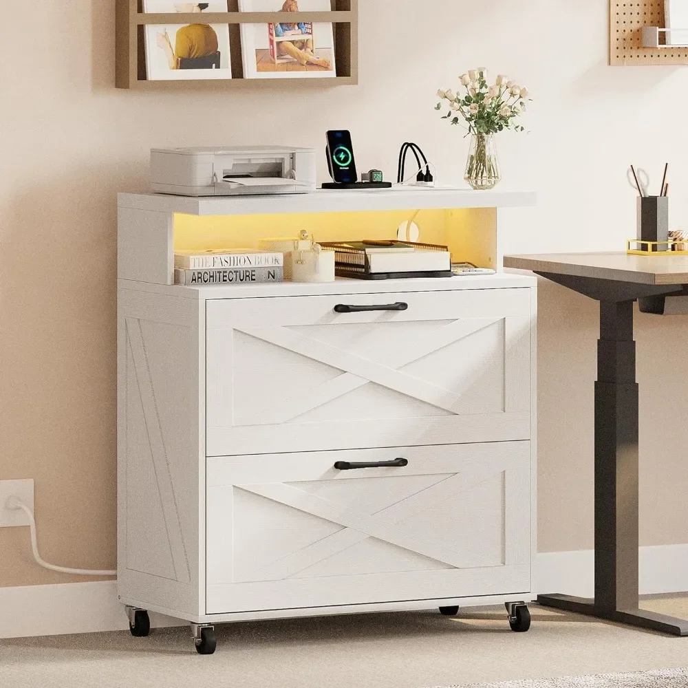 Wood File Cabinet With Charging Station Filing Cabinets Farmhouse Nightstand Printer Stand for Home Office Bedroom Freight Free