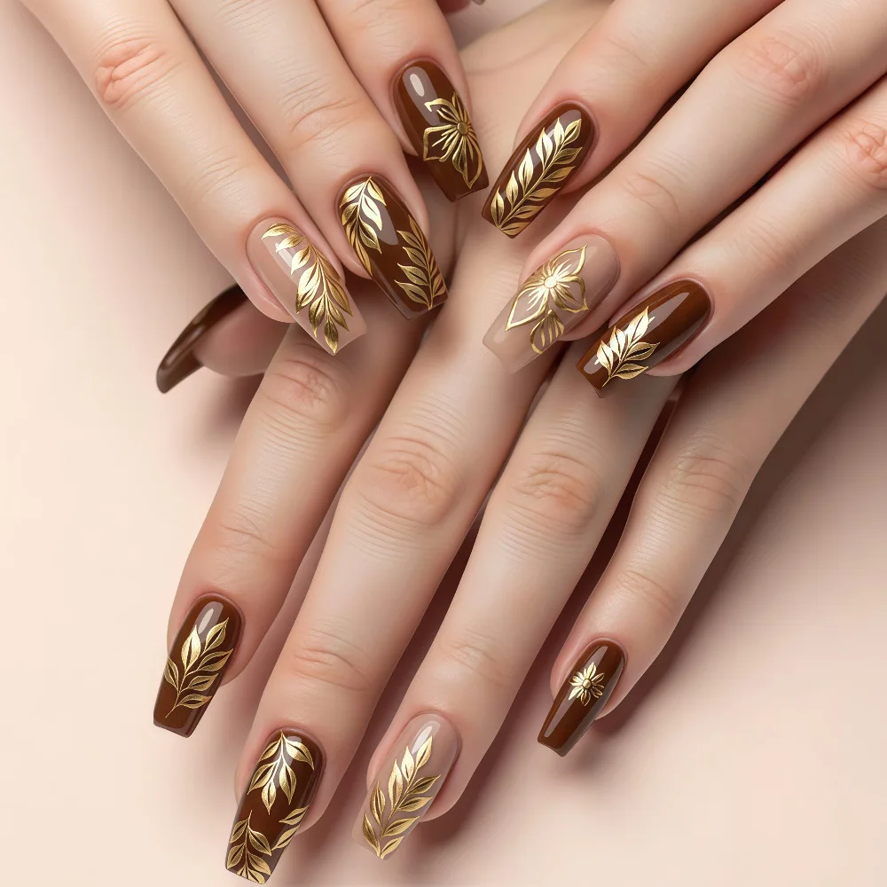 Medium Fake Nails for Women Girls Golden Gilding Flowers Leaf Geometric Design Full Cover Ballet Nail Tips Press On False Nail