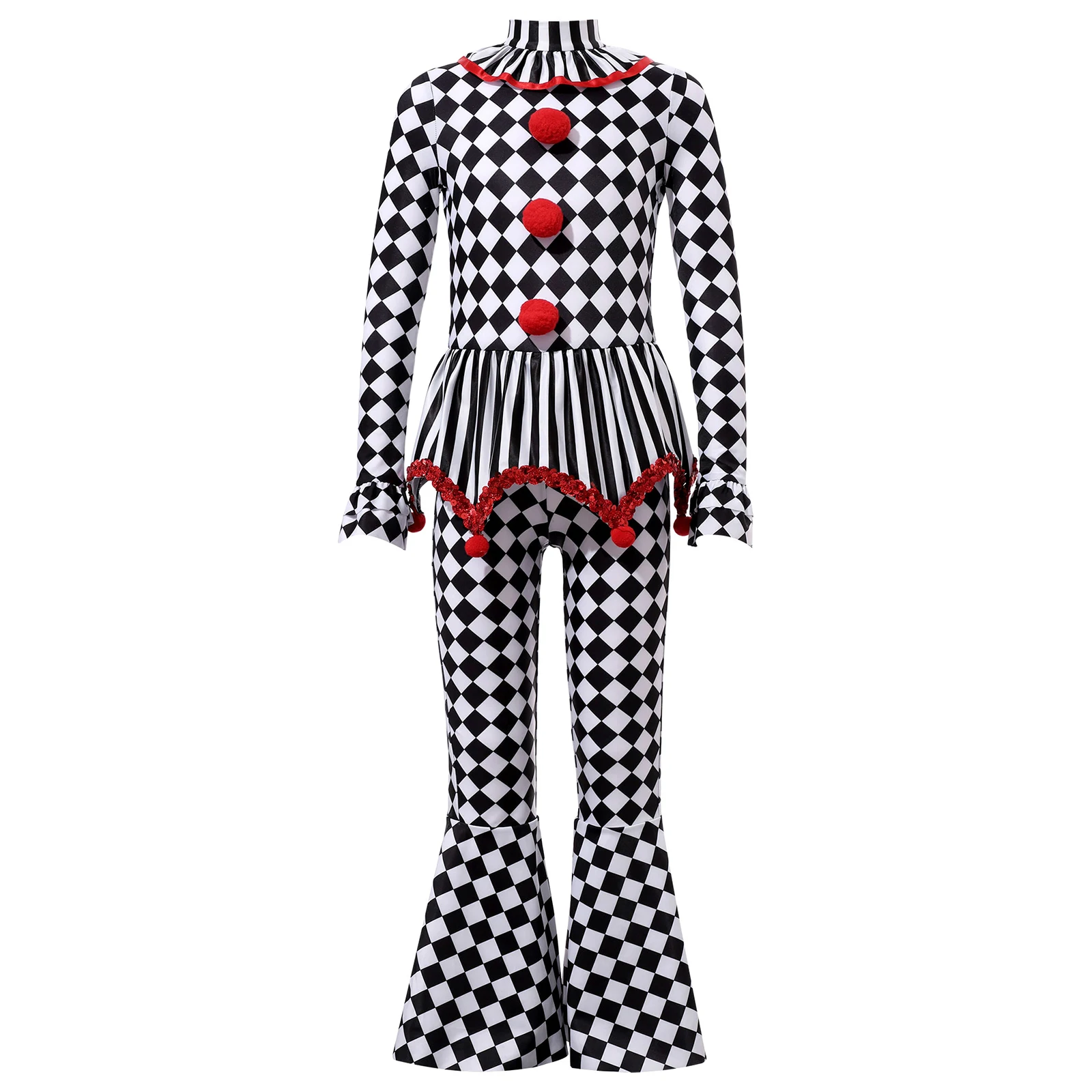 Kids Girls Halloween Circus Clown Cosplay Costume Carnival Theme Party Fancy Performance Long Sleeve Checkerboard Print Jumpsuit