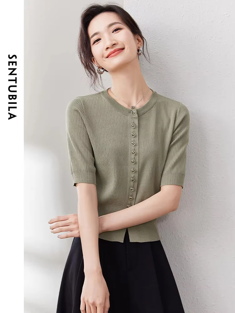 

SENTUBILA Women's Elegant Sweater 2025 Autumn Fashion Crew Neck Half Sleeve Knitted Tops Love Buttons Female Knitwear W33H50386