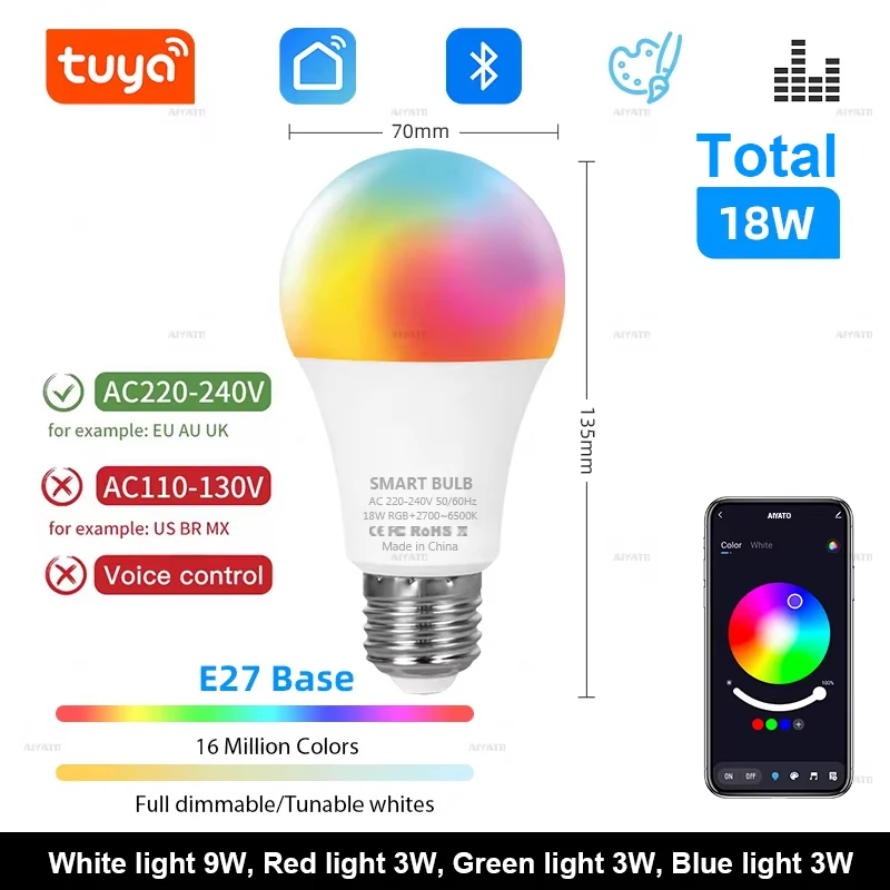 Tuya Bluetooth LED-lamp Dimbaar 15W 18W E27 B22 220V RGBCW Kleurverandering Lampen Smart Life APP Groepscontrole Muziek Ritme Timing