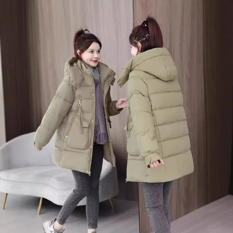 Parkas mi-longs à capuche pour femmes, manteau en duvet, veste rembourrée en coton, optique coréenne, dames, décontracté, combiné matelassé, hiver, nouveau