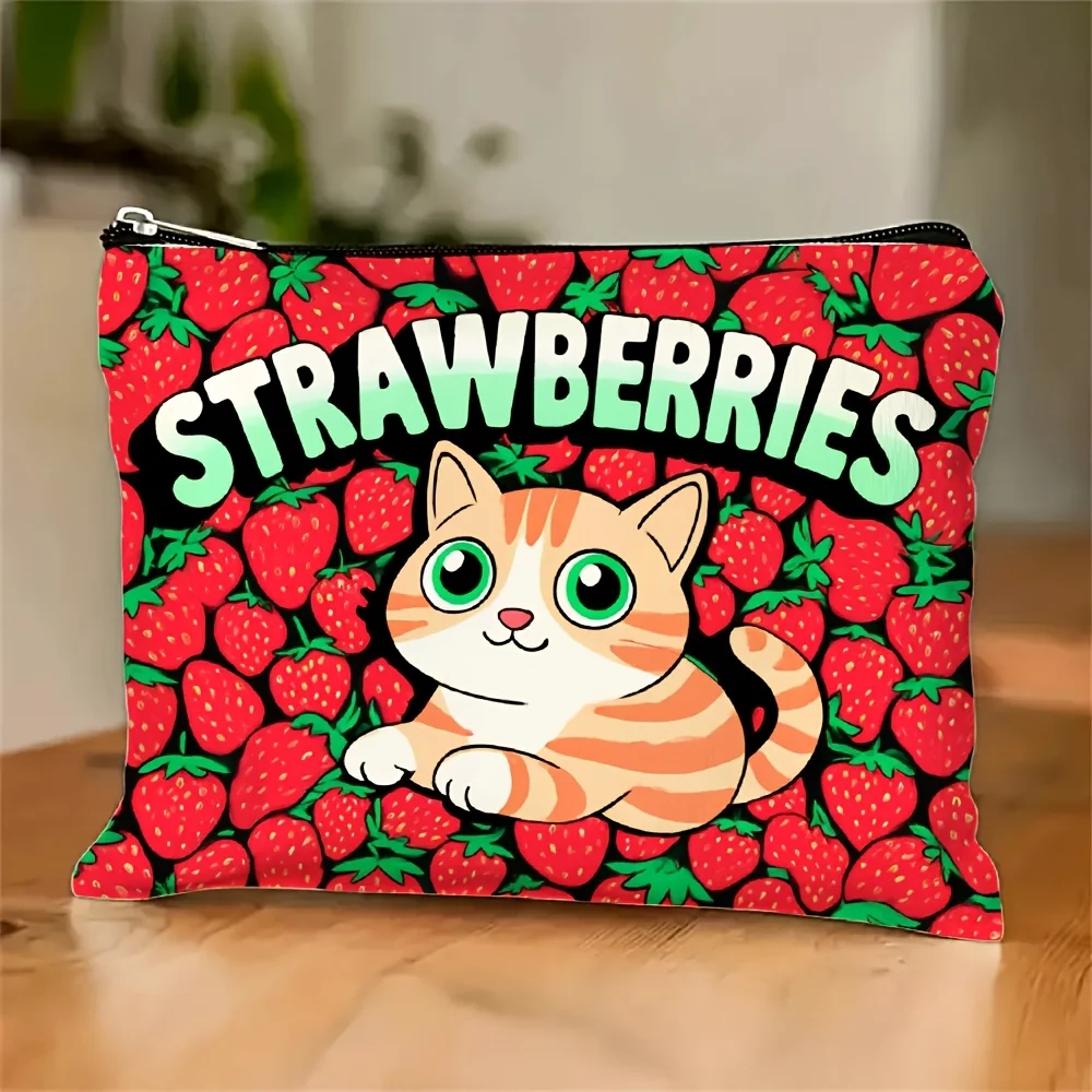 

A Cute Cat Strawberry Print Cosmetic Bag- Multifunctional Zipper Pouch, Jewelry Storage Bag, Perfect Travel Zipper Small Storage