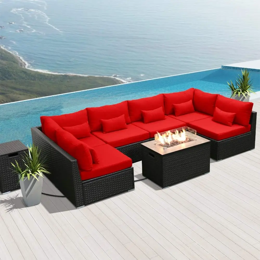 Patio Furniture Sectional Sofa with Gas Fire Pit Table Outdoor Patio Furniture Sets Propane Fire Pit (red-Rectangular Tab