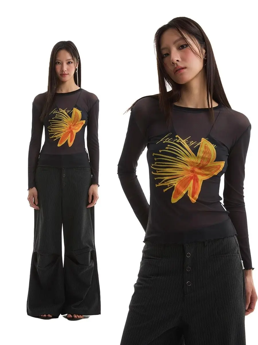 Hand-painted Print Women T Shirt Perspective Mesh Long Sleeve T-shirts 2025 Summer Fungus Slim Y2k Top Casual