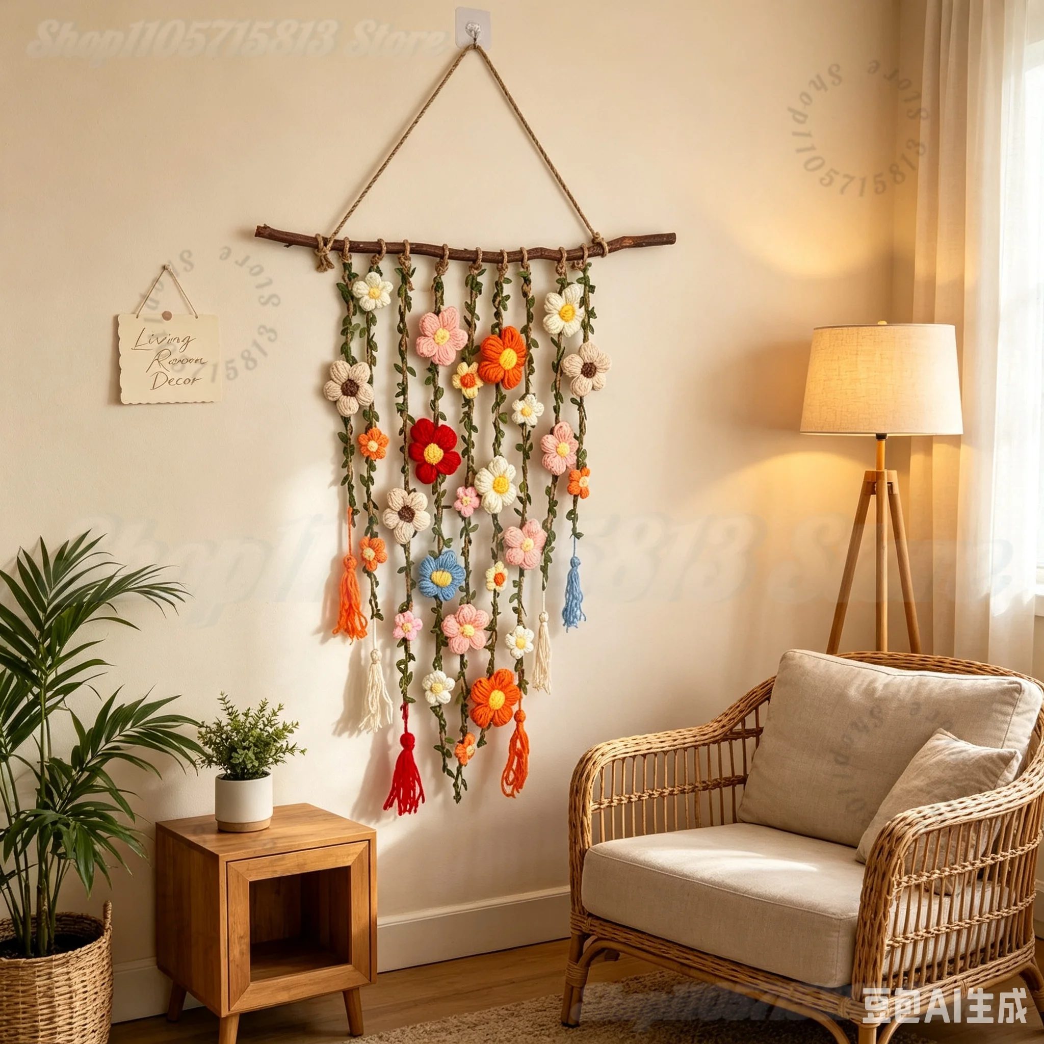 Handmade Crochet Wildflower Vine Wall Hanging Natural Branch Floral Macrame Tapestry Boho Cottagecore