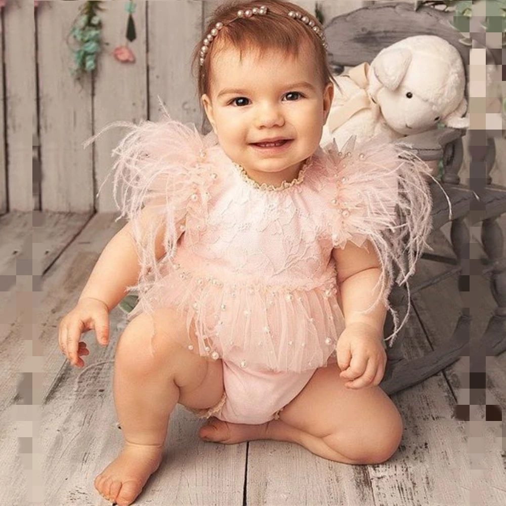 Newborn Baby Girl Photography Outfit Lace Feather Romper Pearl Mesh Princess Dress Infant Photo Shoot Clothes Baby Shower Gift