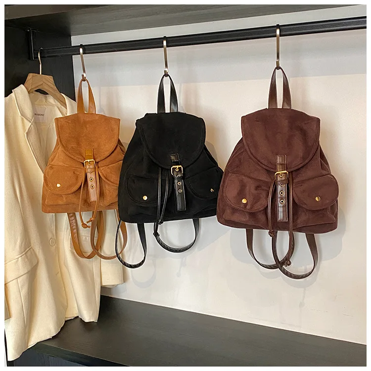 Distressed Matte Suede Drawstring Backpack Flap Multi Pocket Design Vintage British Style Light Commute Casual Women Backpack